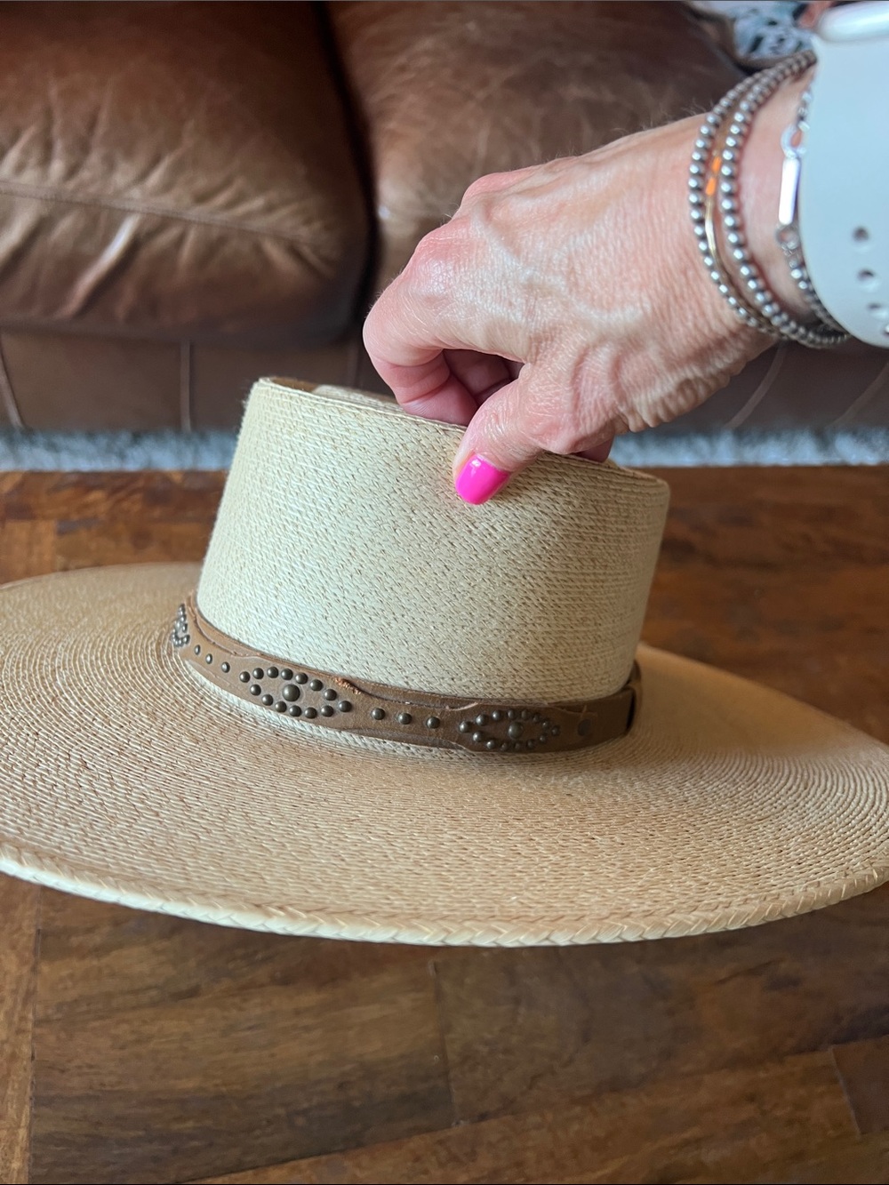 Stetson Natural Straw Palm Hat with Brown Studded Band - Picture 5 of 5